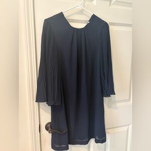 Navy Blue Pleated Sleeve Dress